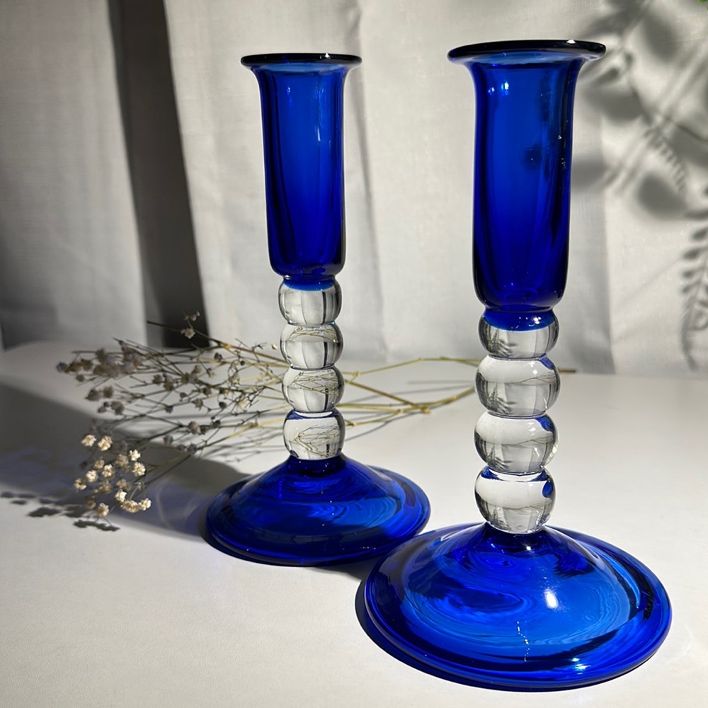 Vintage Hand Blown Colbalt Blue Bubble Glass Candle Holders Set of 2